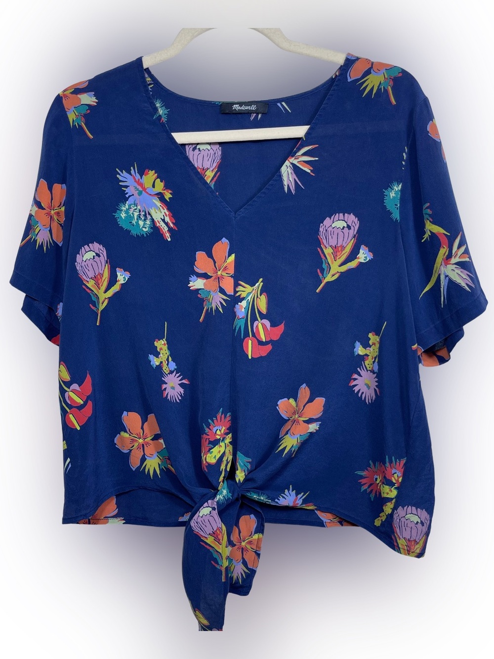 Madewell 100% Silk Navy Floral Cropped Top Relaxed Fit Tie Front V Neck Blouse M